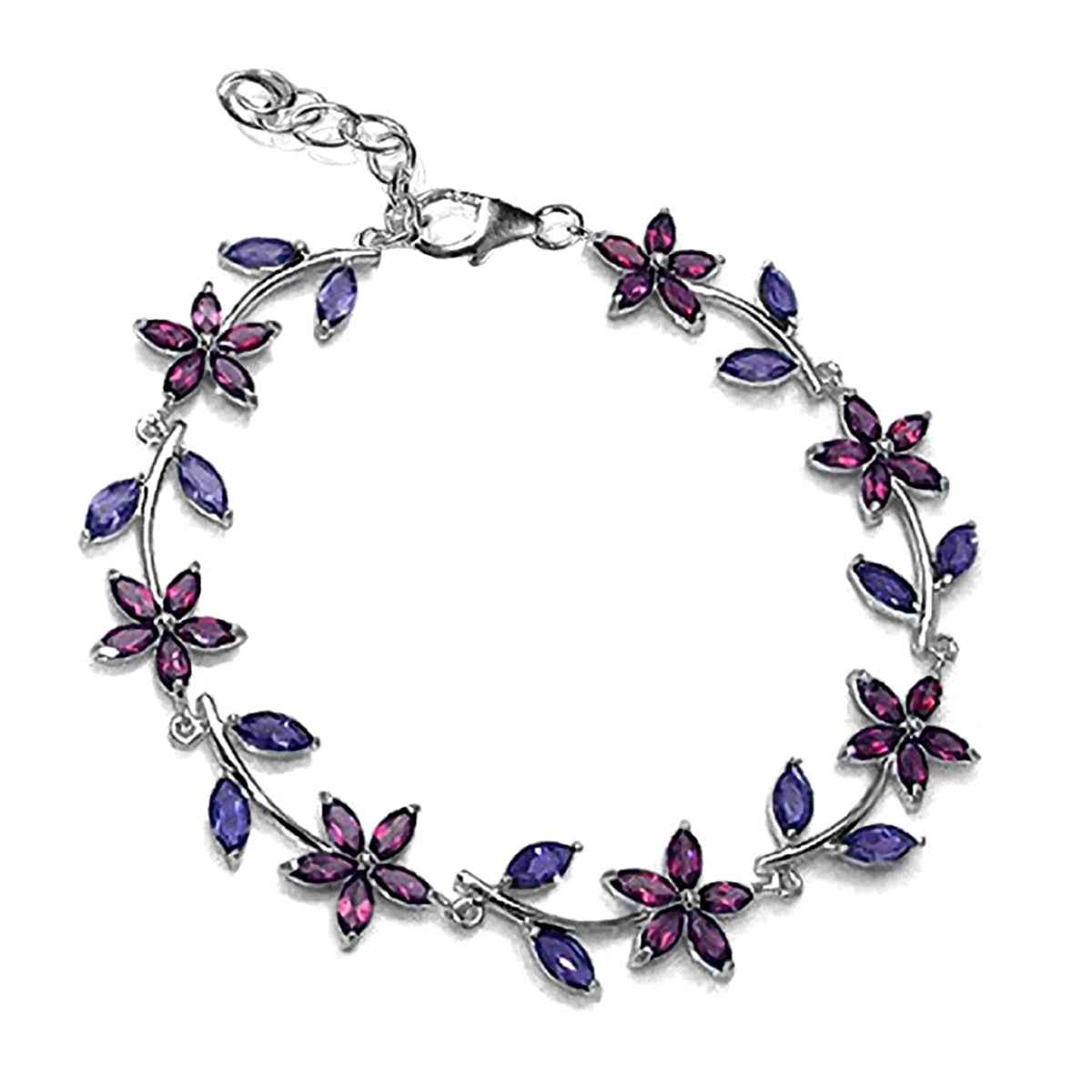 Natural Rhodolite Garnet and Iolite Gold Plated 925 Sterling Silver Flower Leaf 7 to 8 Inch Adjustable Bracelet
