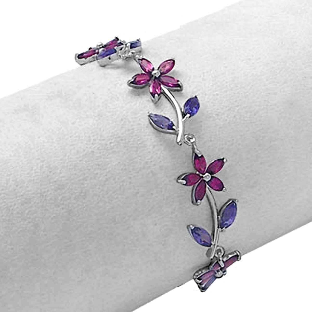 Natural Rhodolite Garnet and Iolite Gold Plated 925 Sterling Silver Flower Leaf 7 to 8 Inch Adjustable Bracelet