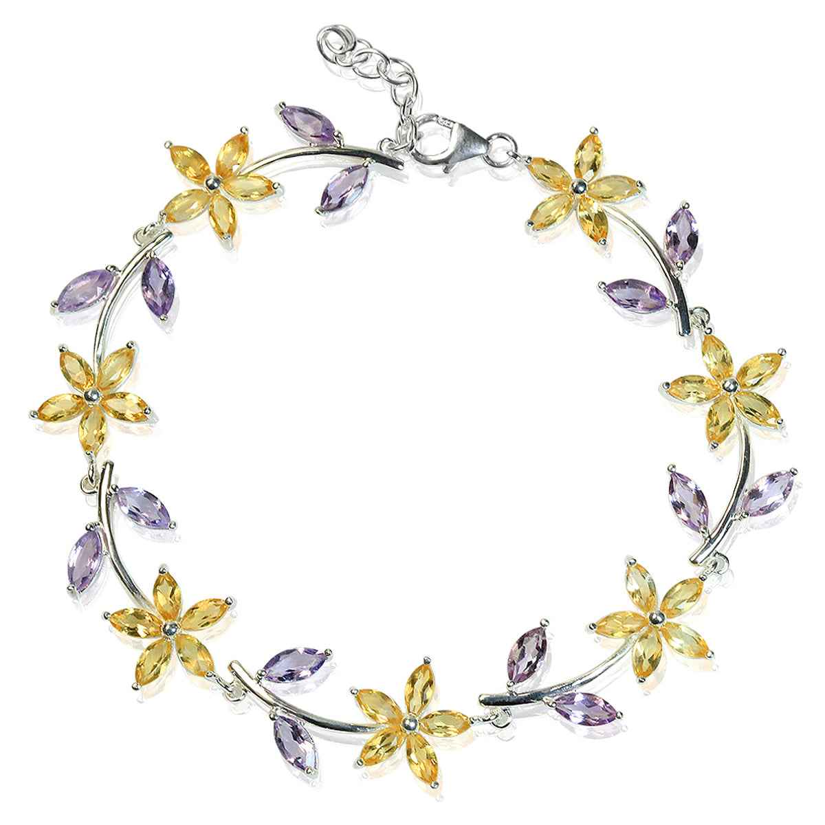 Natural Citrine and Amethyst 925 Sterling Silver Flower Leaf 7 to 8 Inch Adjustable Bracelet