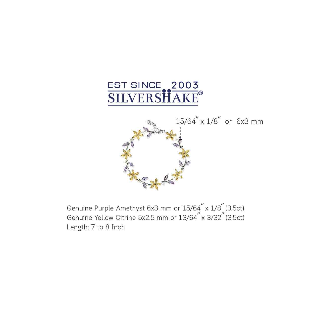 Natural Citrine and Amethyst 925 Sterling Silver Flower Leaf 7 to 8 Inch Adjustable Bracelet