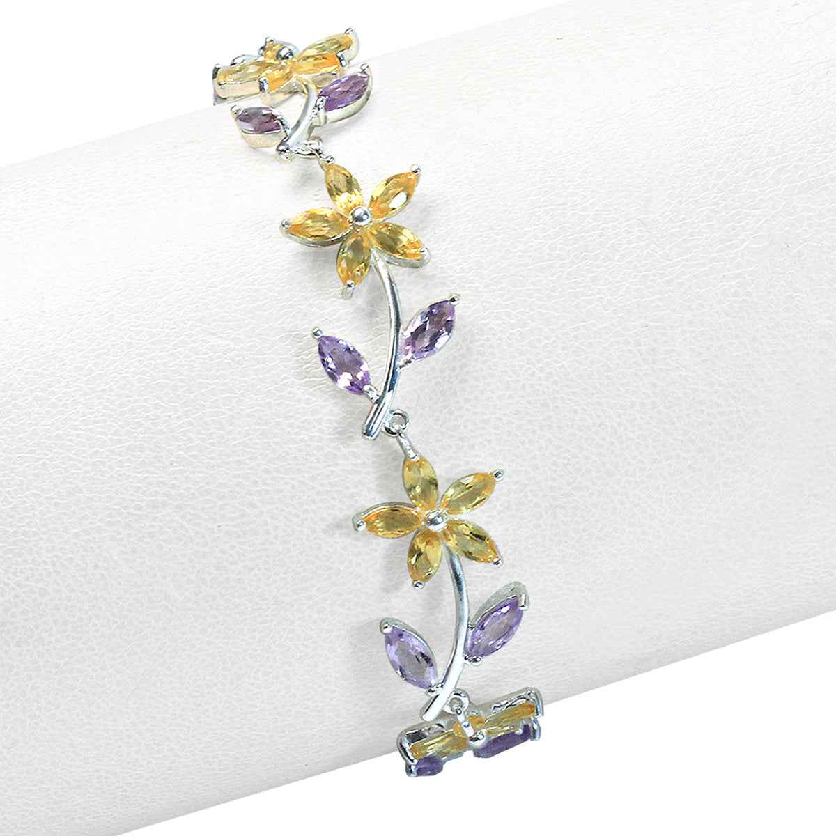 Natural Citrine and Amethyst 925 Sterling Silver Flower Leaf 7 to 8 Inch Adjustable Bracelet