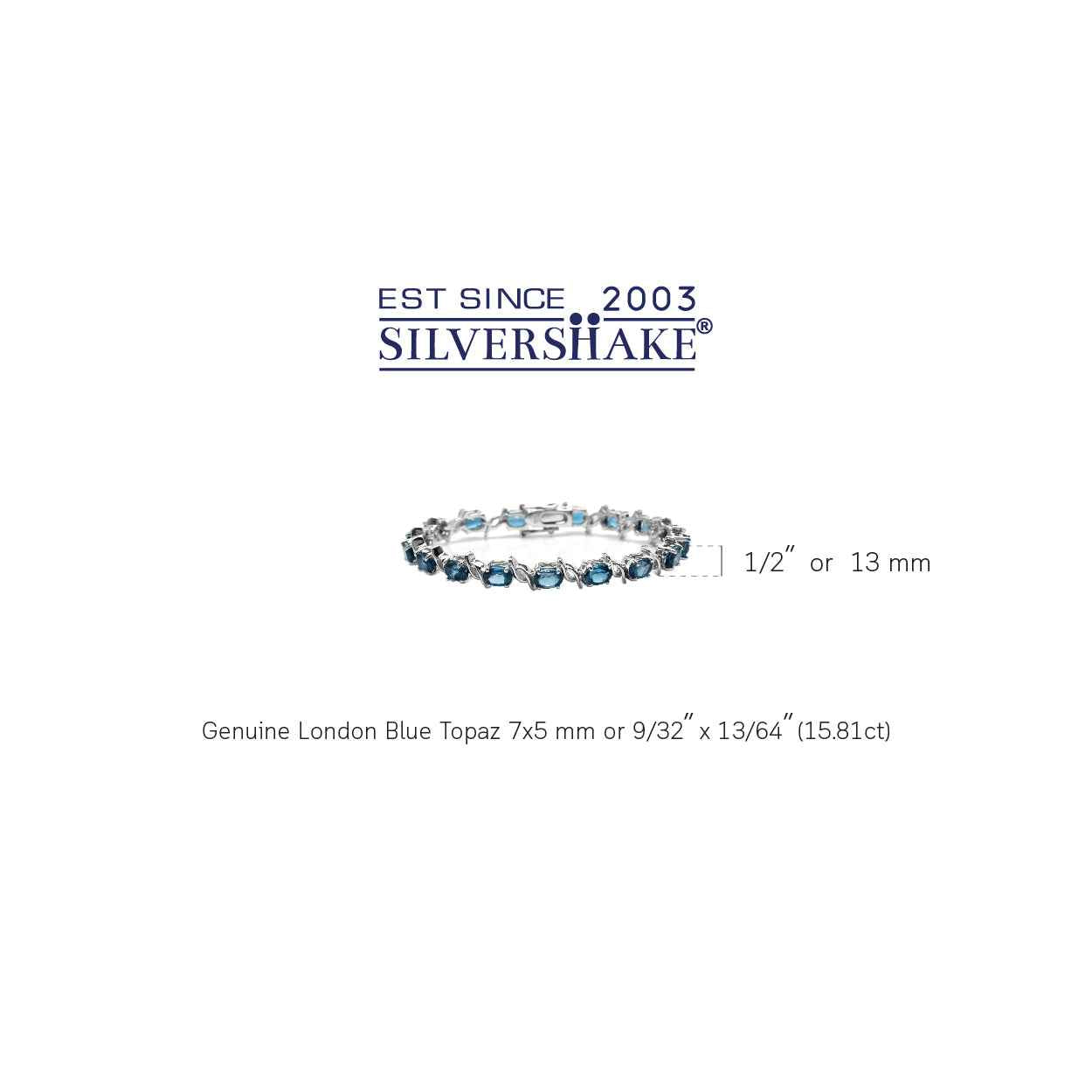 15.81ct. Genuine London Blue Topaz White Gold Plated 925 Sterling Silver Tennis Bracelet 7.5 Inch