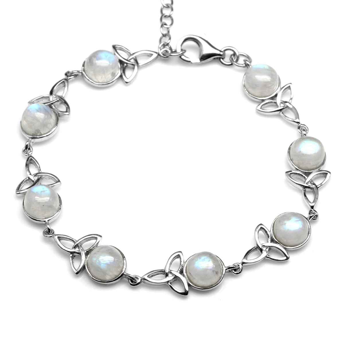 Natural Moonstone 925 Sterling Silver Triquetra Celtic Knot 7 to 8.5 Inch Adjustable Bracelet