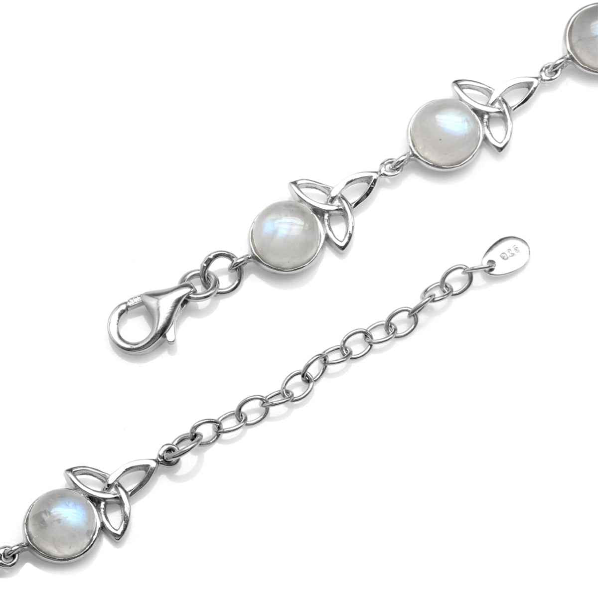 Natural Moonstone 925 Sterling Silver Triquetra Celtic Knot 7 to 8.5 Inch Adjustable Bracelet