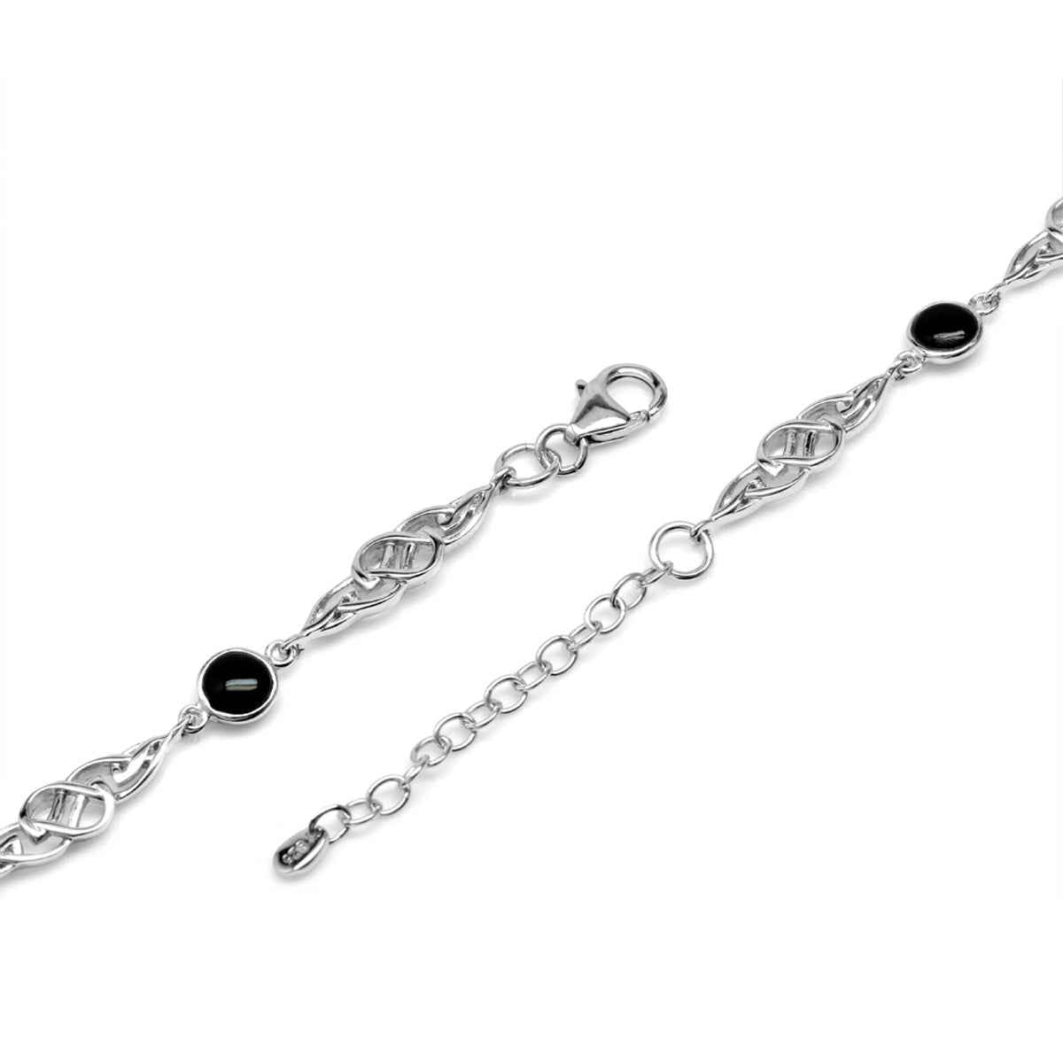 Created Black Onyx White Gold Plated 925 Sterling Silver Celtic Knot 7 to 8.5 Inch Adjustable Bracelet
