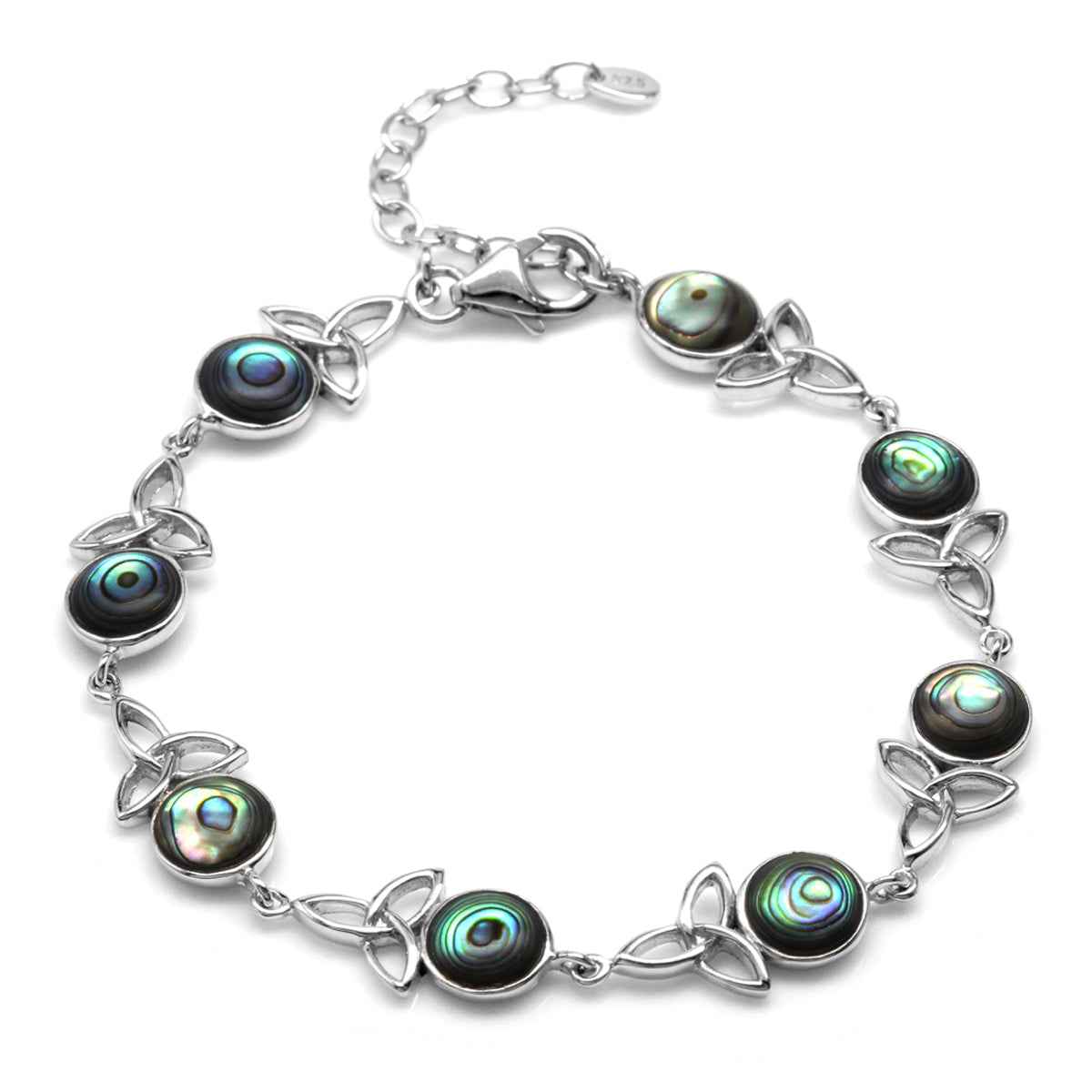 Abalone Paua Shell 925 Sterling Silver Triquetra Celtic Knot 7 to 8.5 Inch Adjustable Bracelet