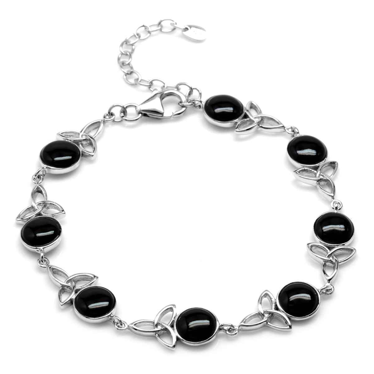 Created Onyx 925 Sterling Silver Triquetra Celtic Knot 7 to 8.5 Inch Adjustable Bracelet