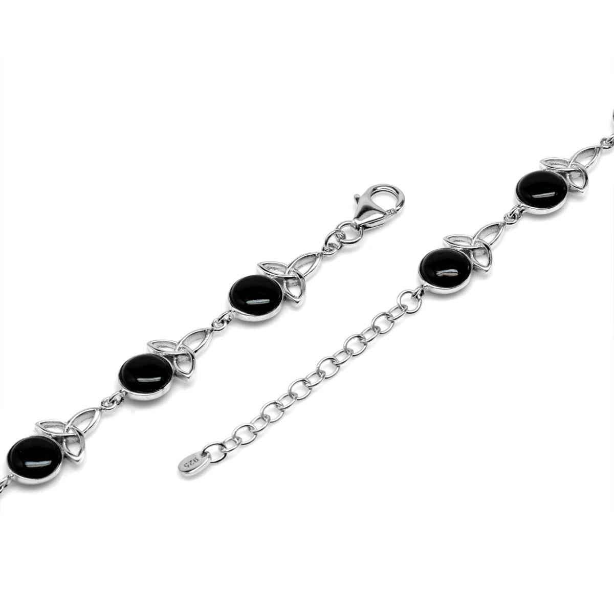 Created Onyx 925 Sterling Silver Triquetra Celtic Knot 7 to 8.5 Inch Adjustable Bracelet