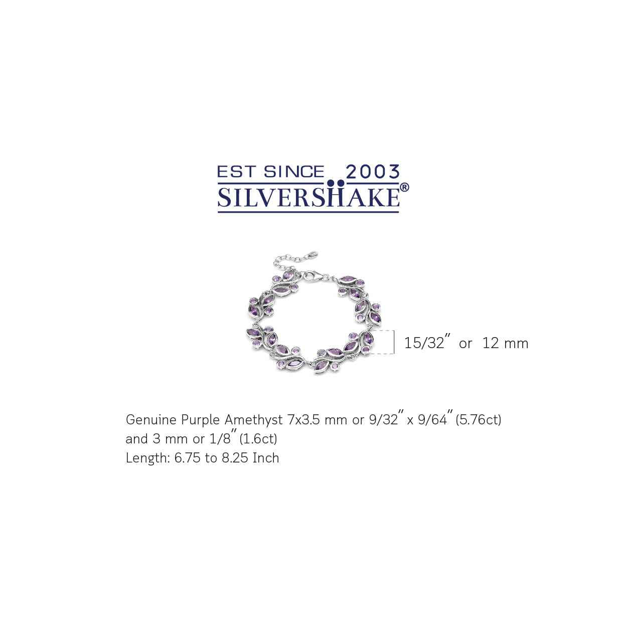 7.36ct. Genuine Purple Amethyst White Gold Plated 925 Sterling Silver Leaf 6.75 to 8.25 Inch Adjustable Bracelet