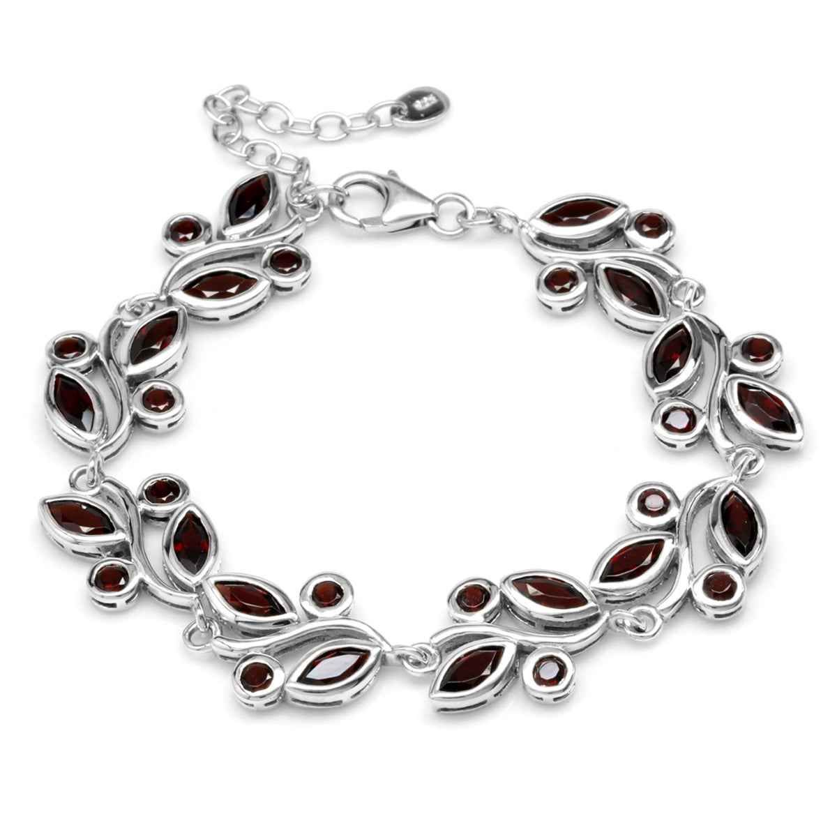 9.6ct Natural Red Garnet White Gold Plated 925 Sterling Silver Leaf 6.75 to 8.25 Inch Adjustable Bracelet
