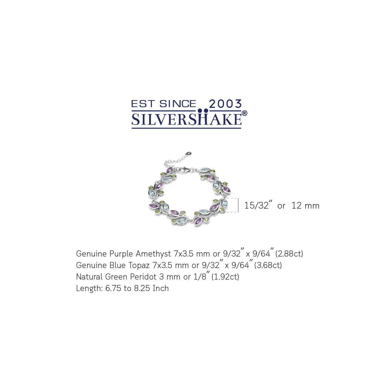 Natural Peridot Amethyst and Blue Topaz 925 Sterling Silver Leaf 6.75 to 8.25 Inch Adjustable Bracelet
