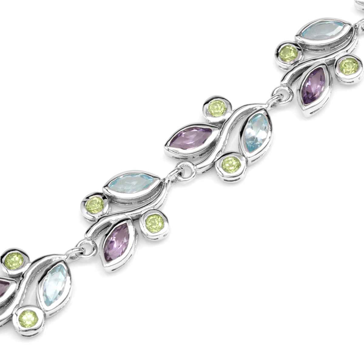 Natural Peridot Amethyst and Blue Topaz 925 Sterling Silver Leaf 6.75 to 8.25 Inch Adjustable Bracelet