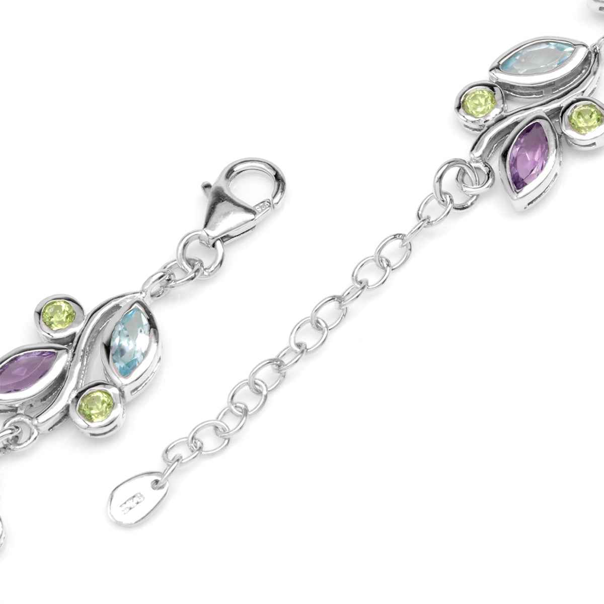 Natural Peridot Amethyst and Blue Topaz 925 Sterling Silver Leaf 6.75 to 8.25 Inch Adjustable Bracelet