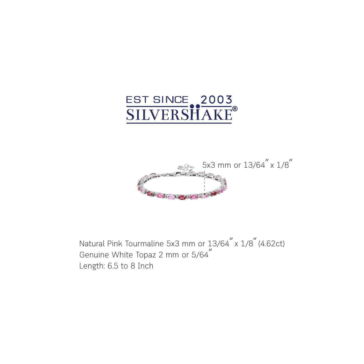4.62ct. Natural Pink Tourmaline and White Topaz 925 Sterling Silver 6.5 to 8 Inch Adjustable Bracelet