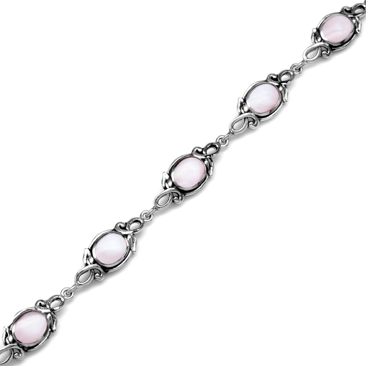 8x6mm Oval Pink Mother of Pearl 925 Sterling Silver Leaf Vintage Inspired 7 to 8.5 Inch Adjustable Bracelet - Silvershake-store