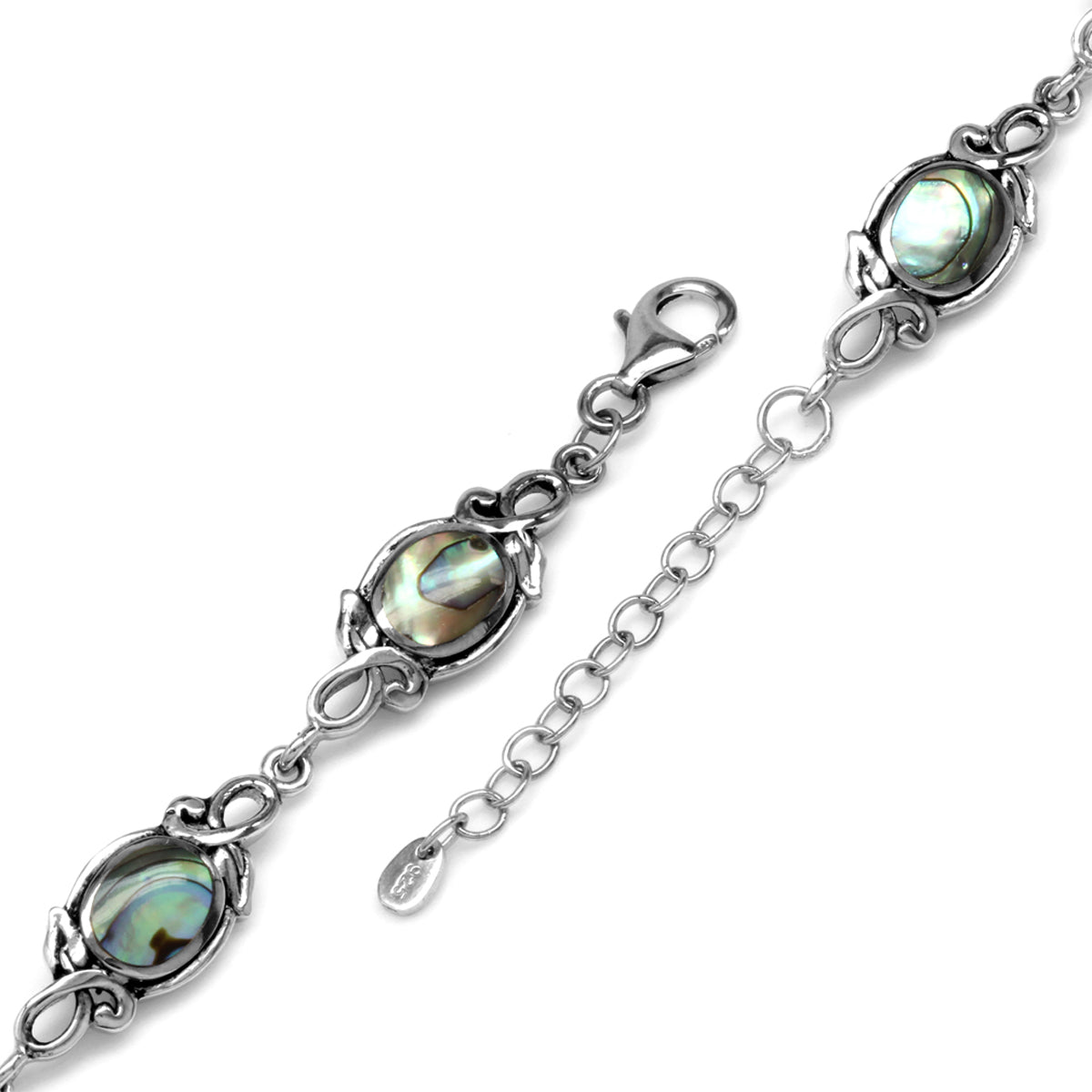 8x6mm Oval Abalone Paua Shell 925 Sterling Silver Leaf Vintage Inspired 7 to 8.5 Inch Adjustable Bracelet - Silvershake-store