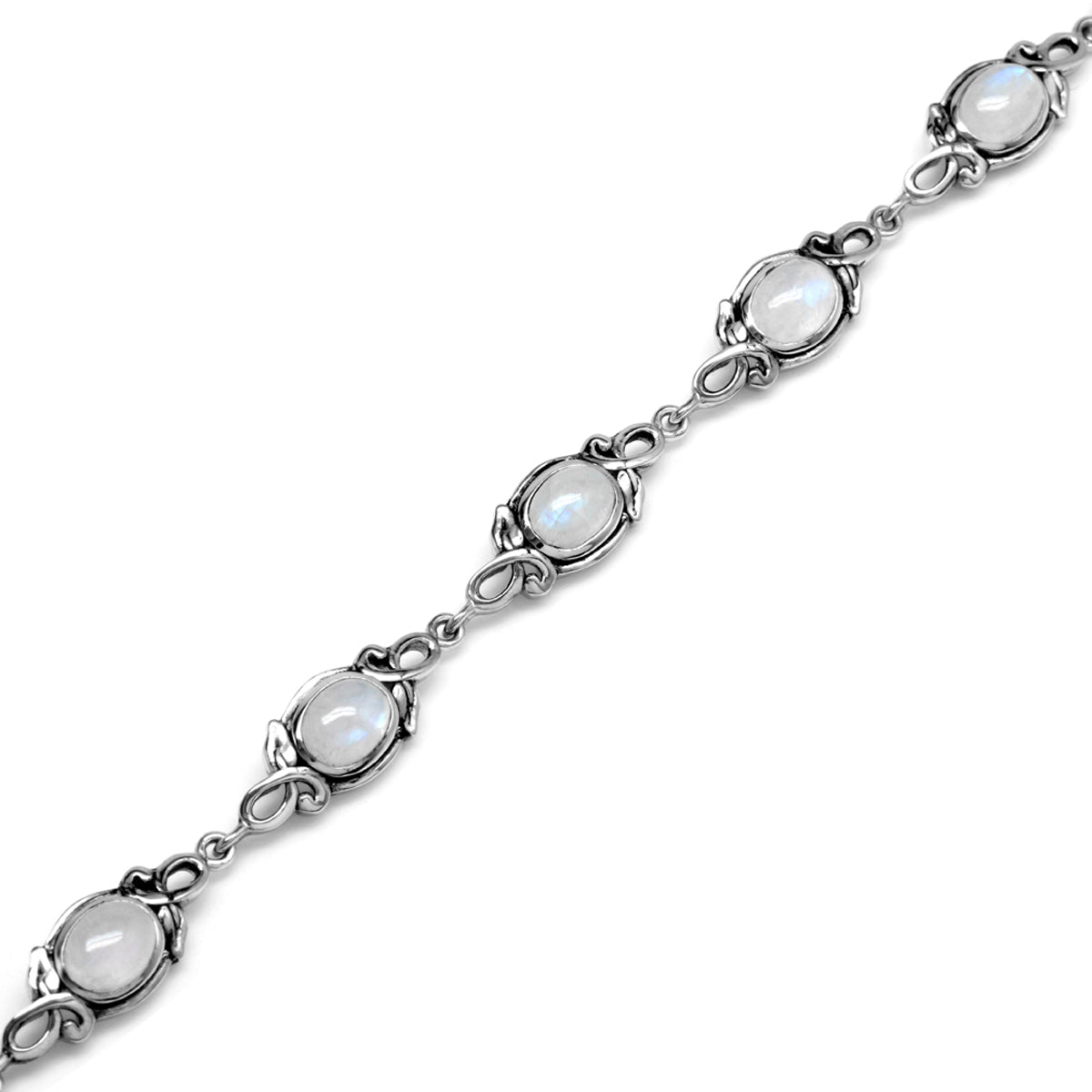 8x6mm Oval Natural Moonstone 925 Sterling Silver Leaf Vintage Inspired 7 to 8.5 Inch Adjustable Bracelet - Silvershake-store