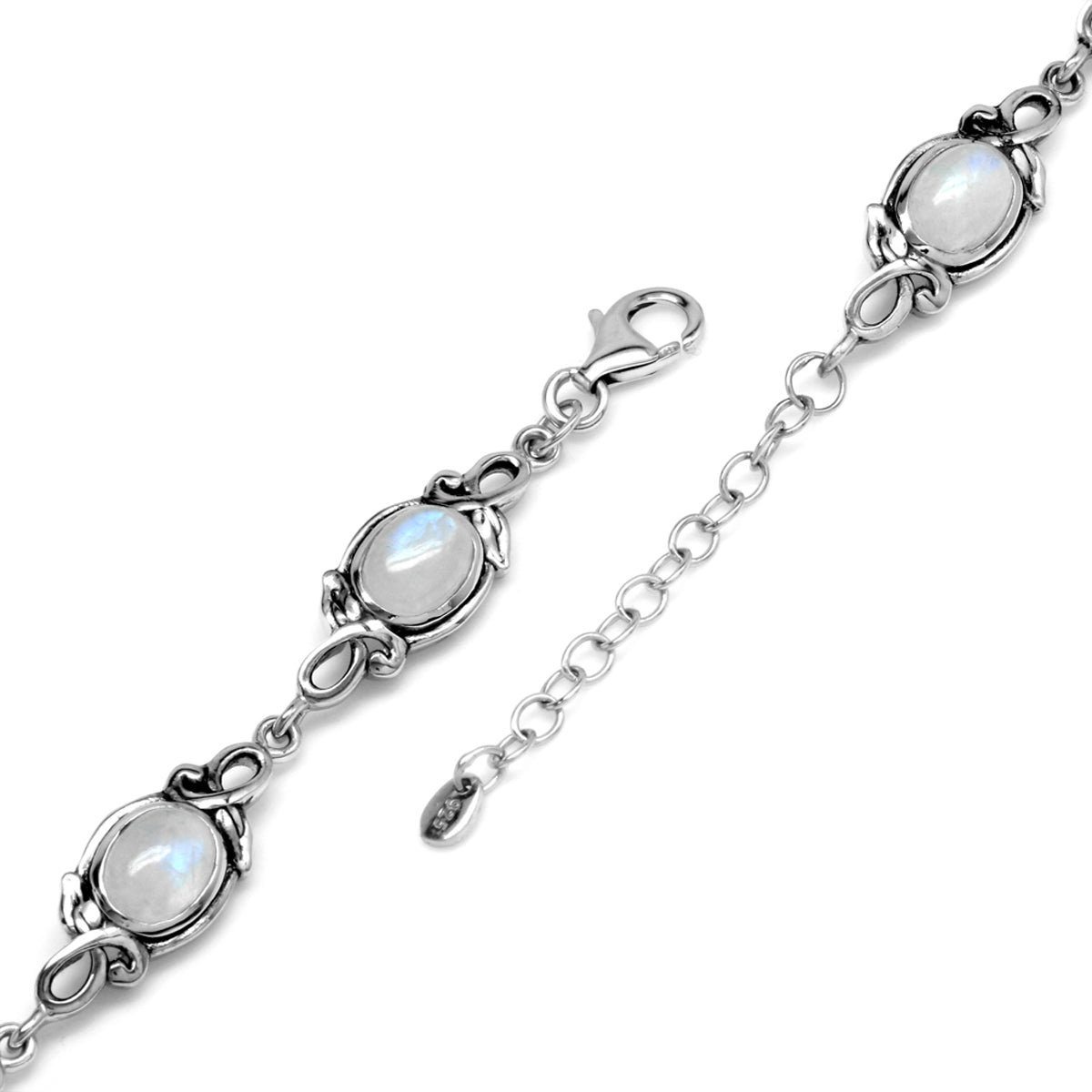 8x6mm Oval Natural Moonstone 925 Sterling Silver Leaf Vintage Inspired 7 to 8.5 Inch Adjustable Bracelet - Silvershake-store