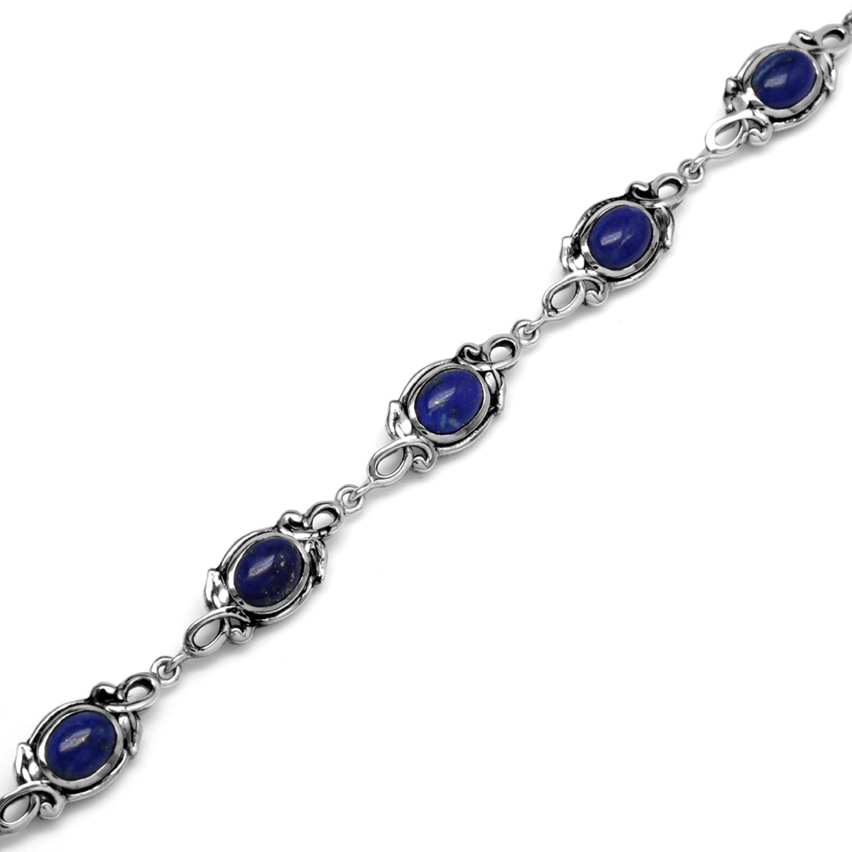 8x6mm Oval Genuine Blue Lapis 925 Sterling Silver Leaf Vintage Inspired 7 to 8.5 Inch Adjustable Bracelet - Silvershake-store