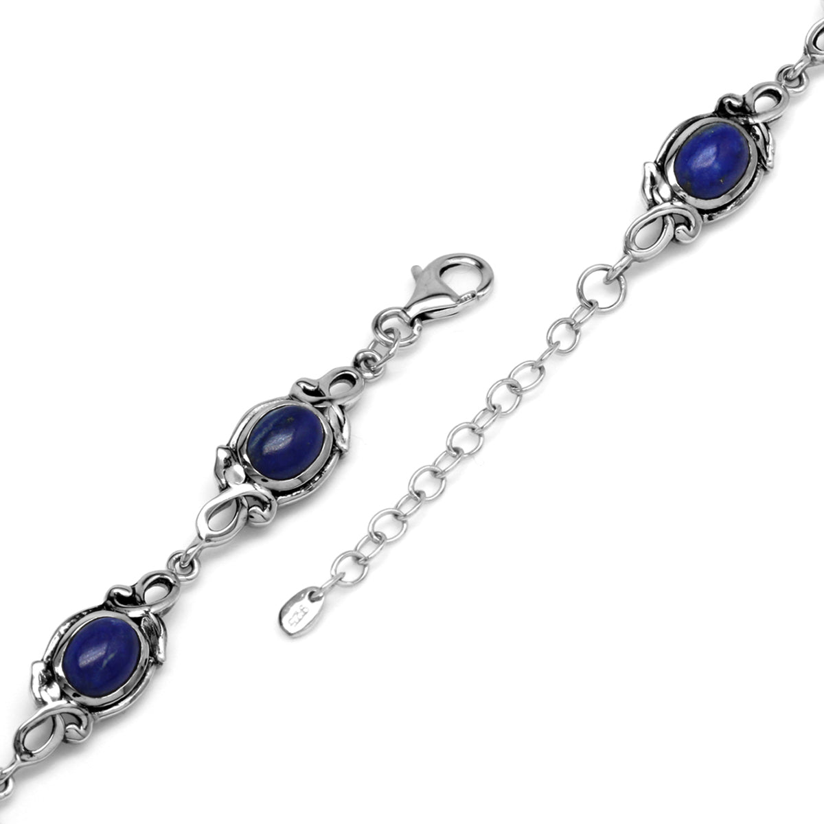 8x6mm Oval Genuine Blue Lapis 925 Sterling Silver Leaf Vintage Inspired 7 to 8.5 Inch Adjustable Bracelet - Silvershake-store