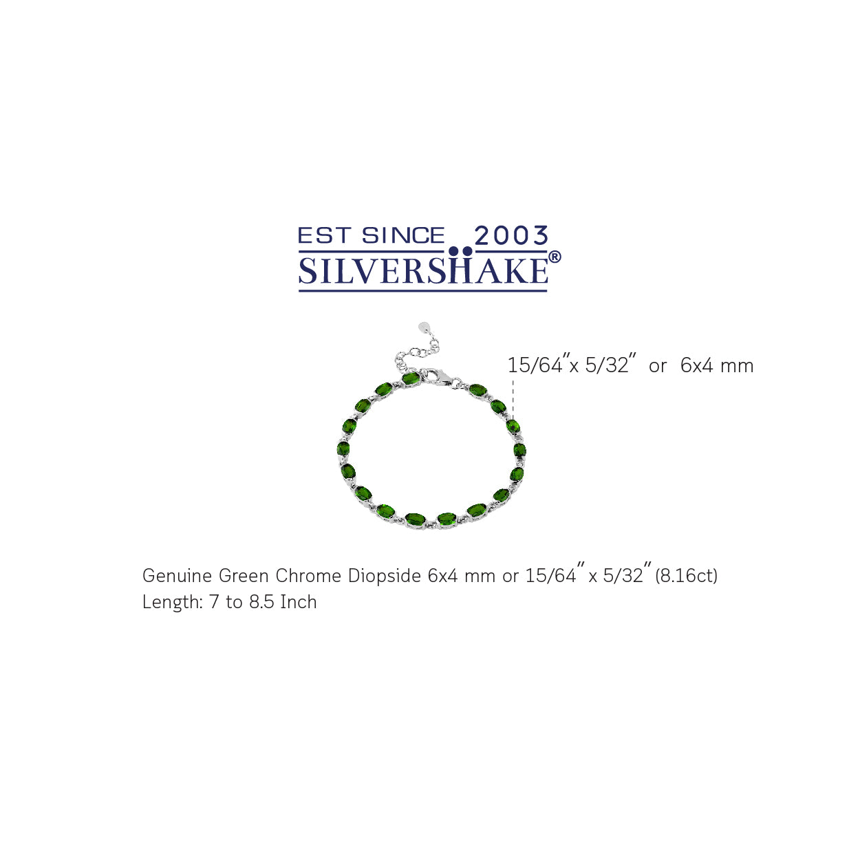 8.16 CTW 6X4mm Natural Oval Shape Green Chrome Diopside White Gold Plated 925 Sterling Silver Half-Bezel-Set Tennis 7 to 8.5 Inch Adjustable Gemstone Bracelet - Silvershake-store