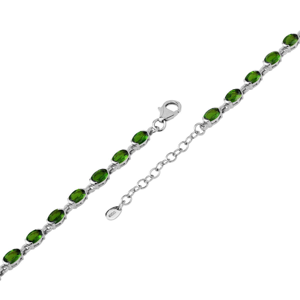 8.16 CTW 6X4mm Natural Oval Shape Green Chrome Diopside White Gold Plated 925 Sterling Silver Half-Bezel-Set Tennis 7 to 8.5 Inch Adjustable Gemstone Bracelet - Silvershake-store