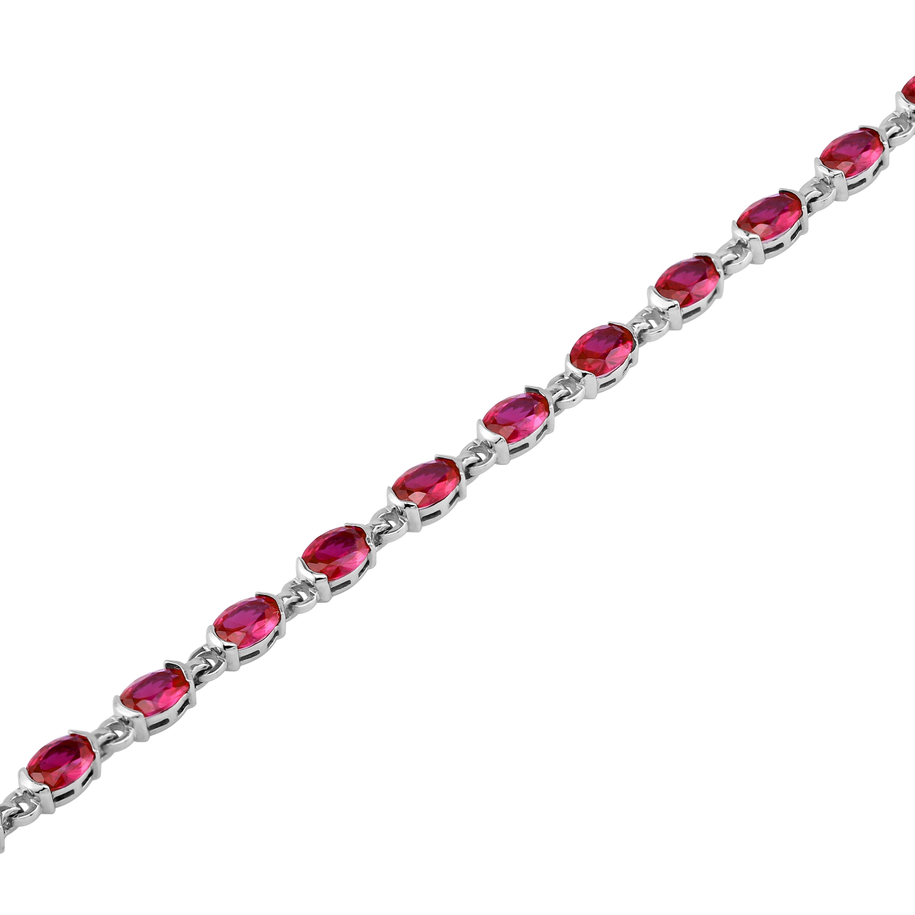 Simulated Oval Shape Red Ruby White Gold Plated 925 Sterling Silver Tennis 7 to 8.5 Inch Adjustable Bracelet July Gemstone Birthstone - Silvershake-store