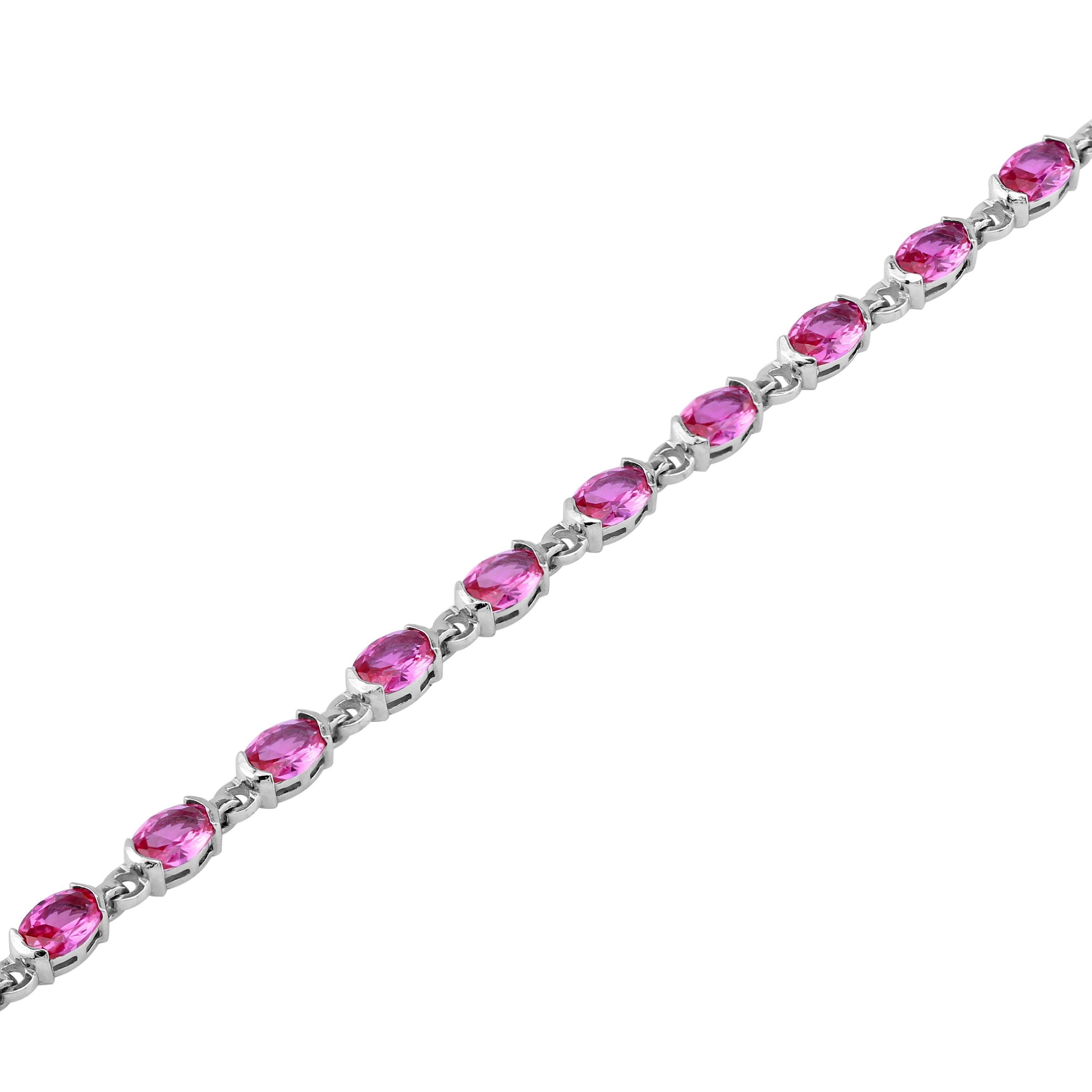 Created Oval Shape Pink Tourmaline White Gold Plated 925 Sterling Silver Tennis 7 to 8.5 Inch Adjustable Bracelet October Gemstone Birthstone - Silvershake-store