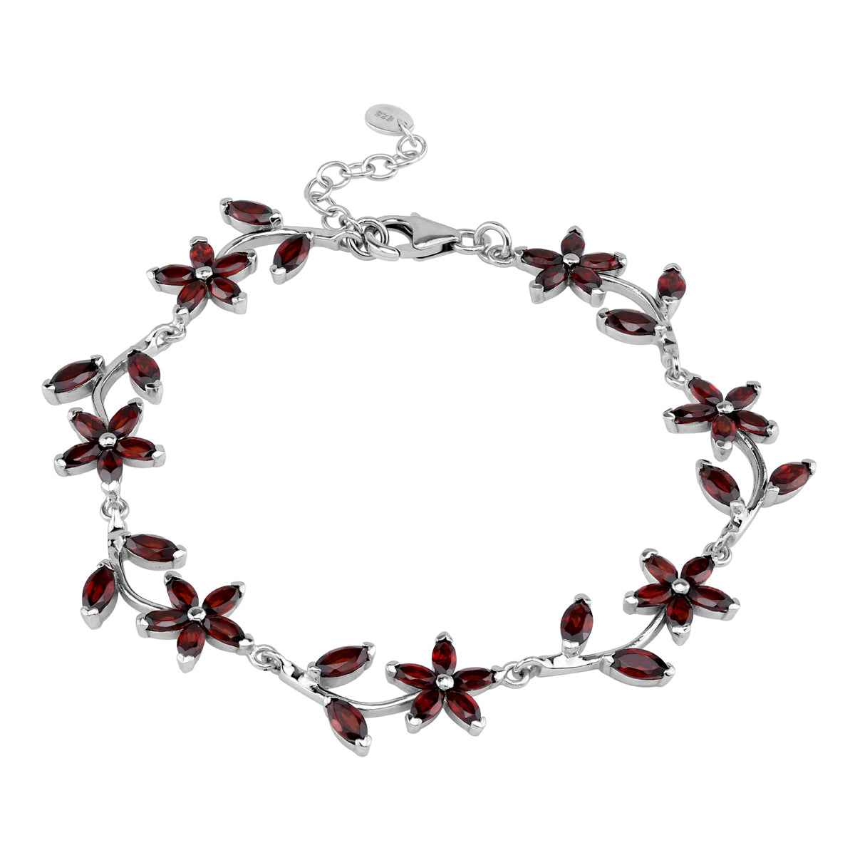 11.27 CTW Natural Marquise Shape Red Garnet 925 Sterling Silver Flower Leaf 7 to 8 Inch Adjustable Bracelet January Gemstone Birthstone