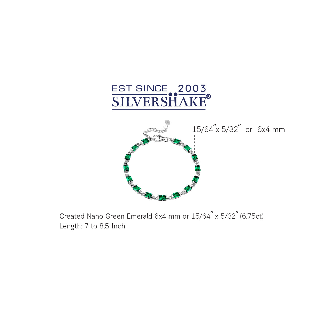 Created Octagon Shape Nano Green Emerald White Gold Plated 925 Sterling Silver 7 to 8.5 Inch Adjustable Tennis Bracelet May Gemstone Birthstone - Silvershake-store