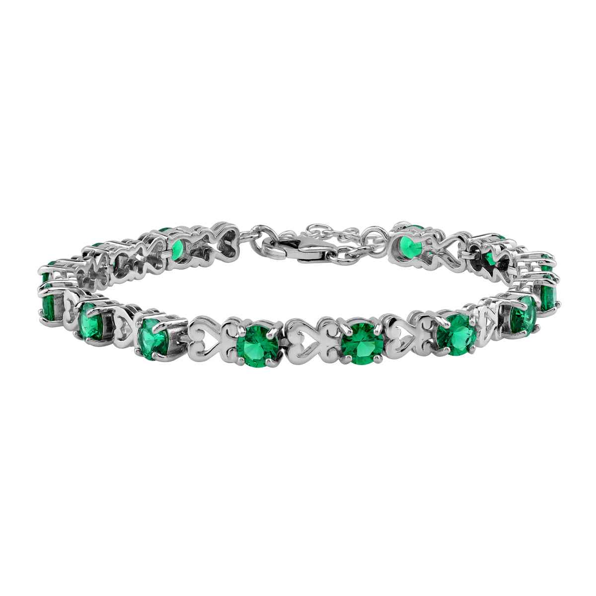 5MM Created Round Shape Nano Green Emerald 925 Sterling Silver Heart Victorian Style 7 to 8.5 Inch Adjustable Bracelet May Gemstone Birthstone