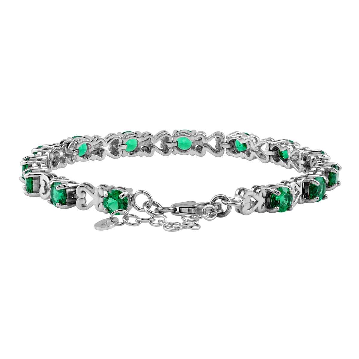 5MM Created Round Shape Nano Green Emerald 925 Sterling Silver Heart Victorian Style 7 to 8.5 Inch Adjustable Bracelet May Gemstone Birthstone