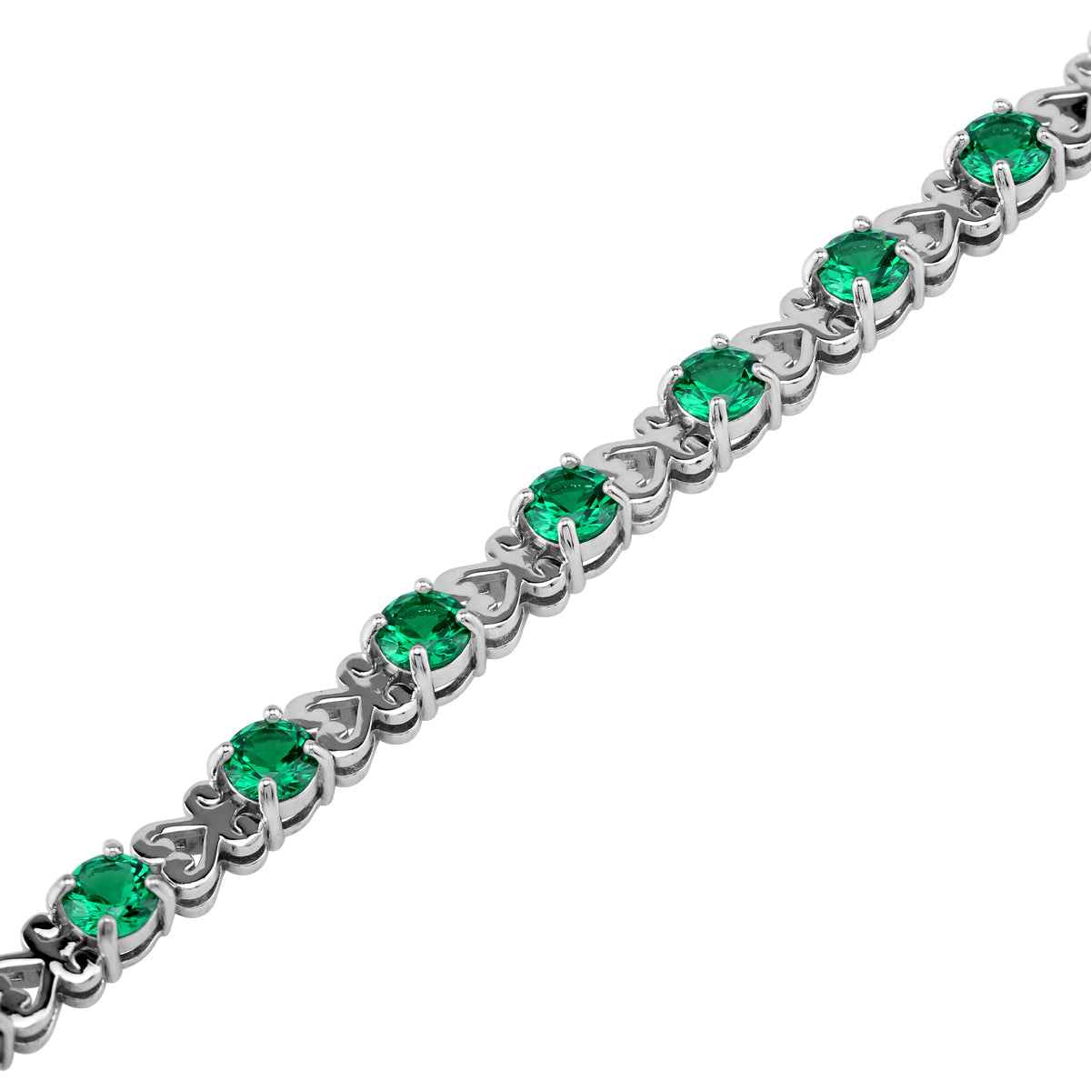 5MM Created Round Shape Nano Green Emerald 925 Sterling Silver Heart Victorian Style 7 to 8.5 Inch Adjustable Bracelet May Gemstone Birthstone