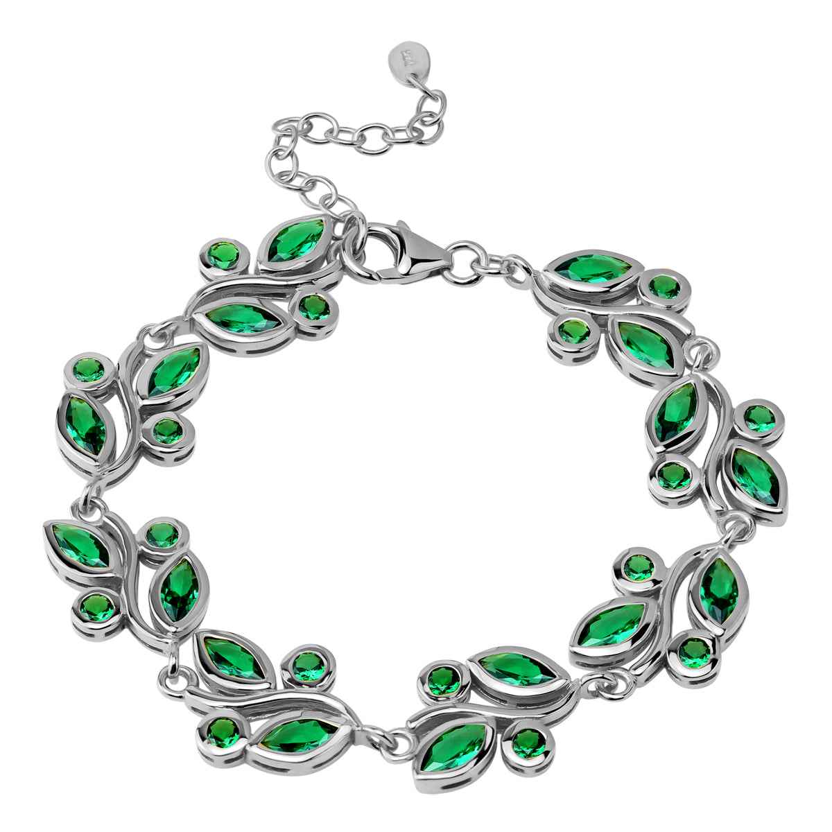 Created Nano Green Emerald White Gold Plated 925 Sterling Silver Leaf Inspired 6.75 to 8.25 Inch Adjustable Bracelet May Gemstone Birthstone