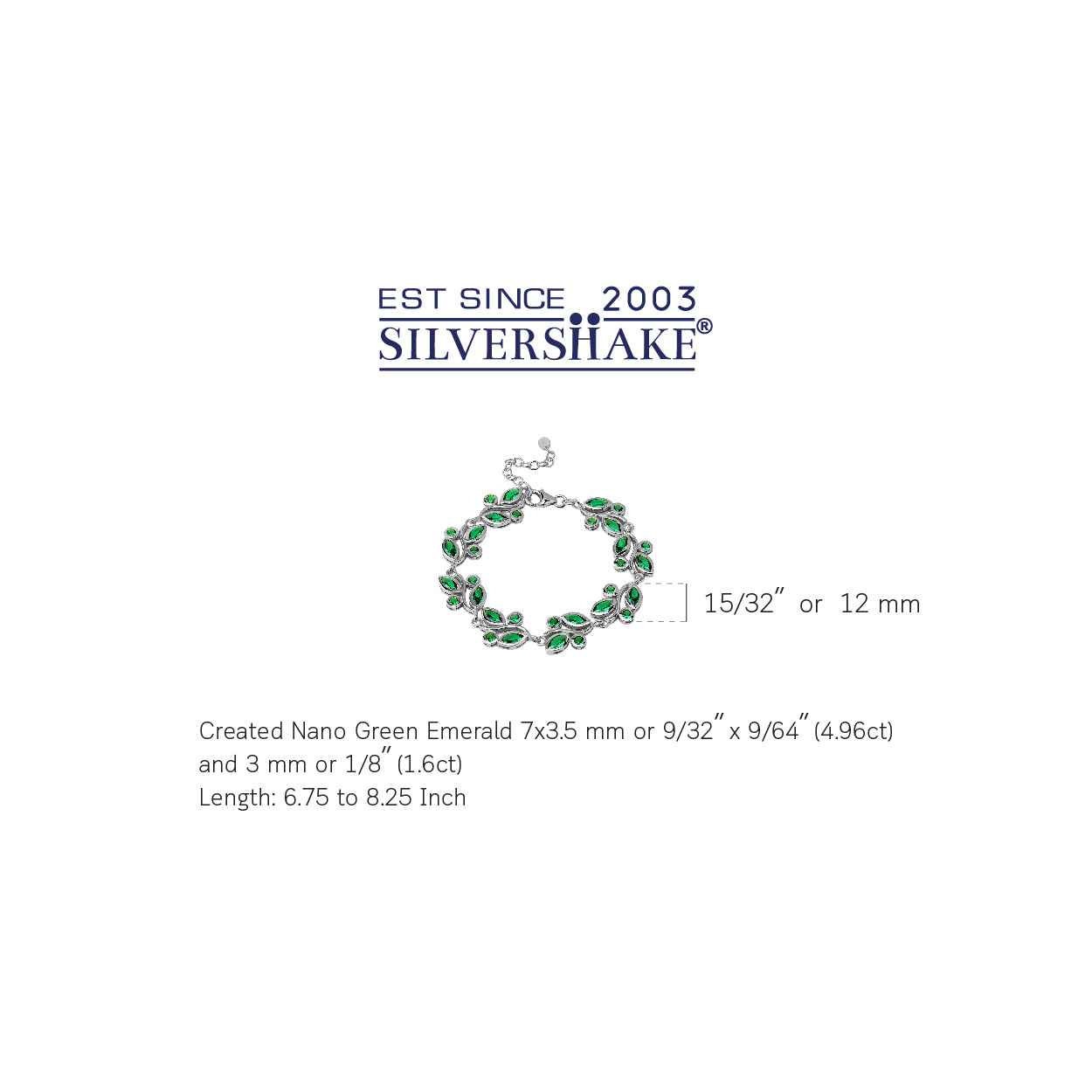 Created Nano Green Emerald White Gold Plated 925 Sterling Silver Leaf Inspired 6.75 to 8.25 Inch Adjustable Bracelet May Gemstone Birthstone