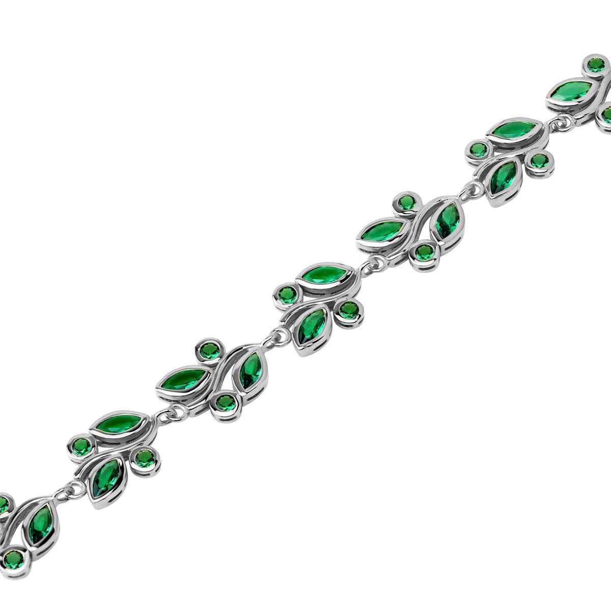 Created Nano Green Emerald White Gold Plated 925 Sterling Silver Leaf Inspired 6.75 to 8.25 Inch Adjustable Bracelet May Gemstone Birthstone