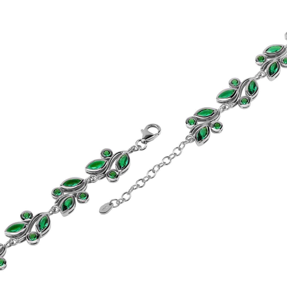 Created Nano Green Emerald White Gold Plated 925 Sterling Silver Leaf Inspired 6.75 to 8.25 Inch Adjustable Bracelet May Gemstone Birthstone