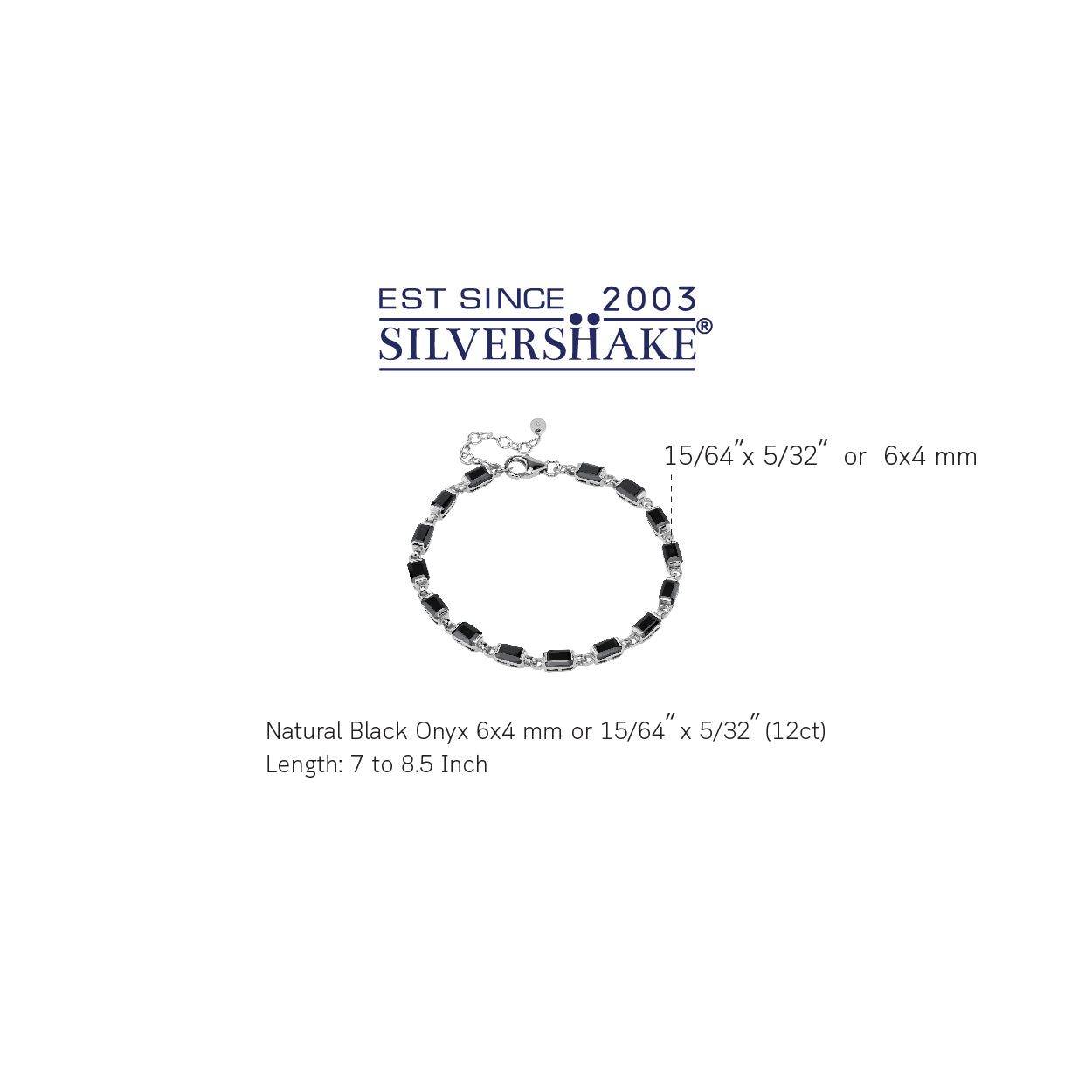 12 CTW 6X4mm Natural Octagon Shape Black Onyx White Gold Plated 925 Sterling Silver 7 to 8.5 Inch Adjustable Tennis Gemstone Bracelet Jewelry for Women