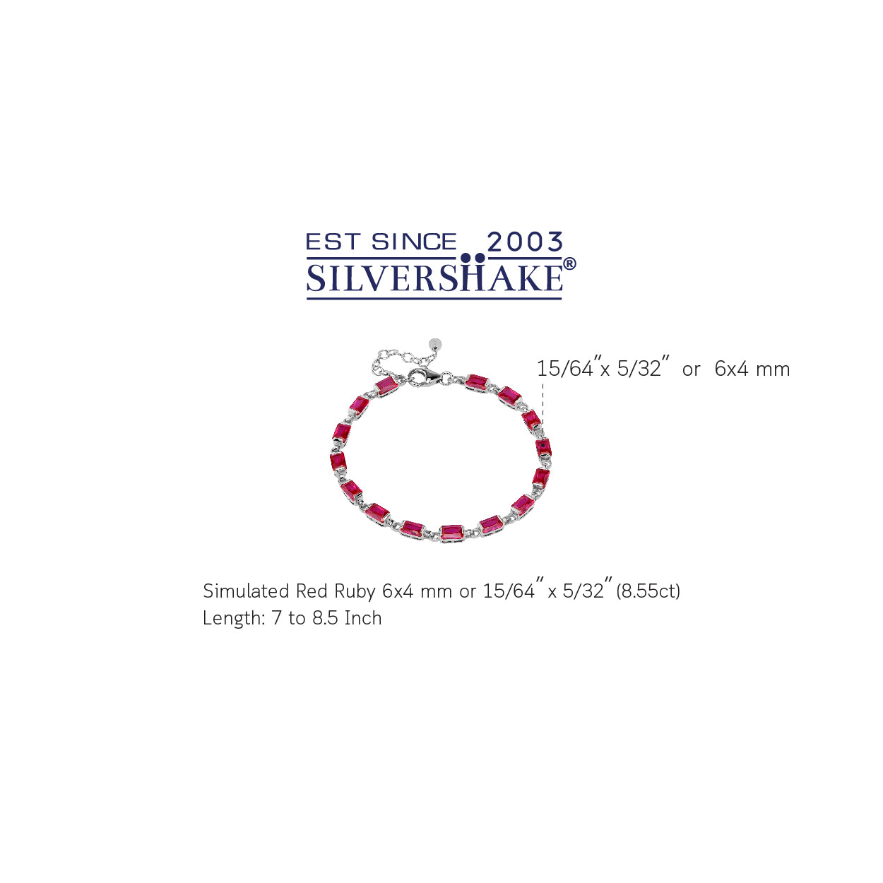 6X4mm Simulated Octagon Shape Red Ruby White Gold Plated 925 Sterling Silver 7 to 8.5 Inch Adjustable Tennis Bracelet July Gemstone Birthstone Jewelry for Women - Silvershake-store