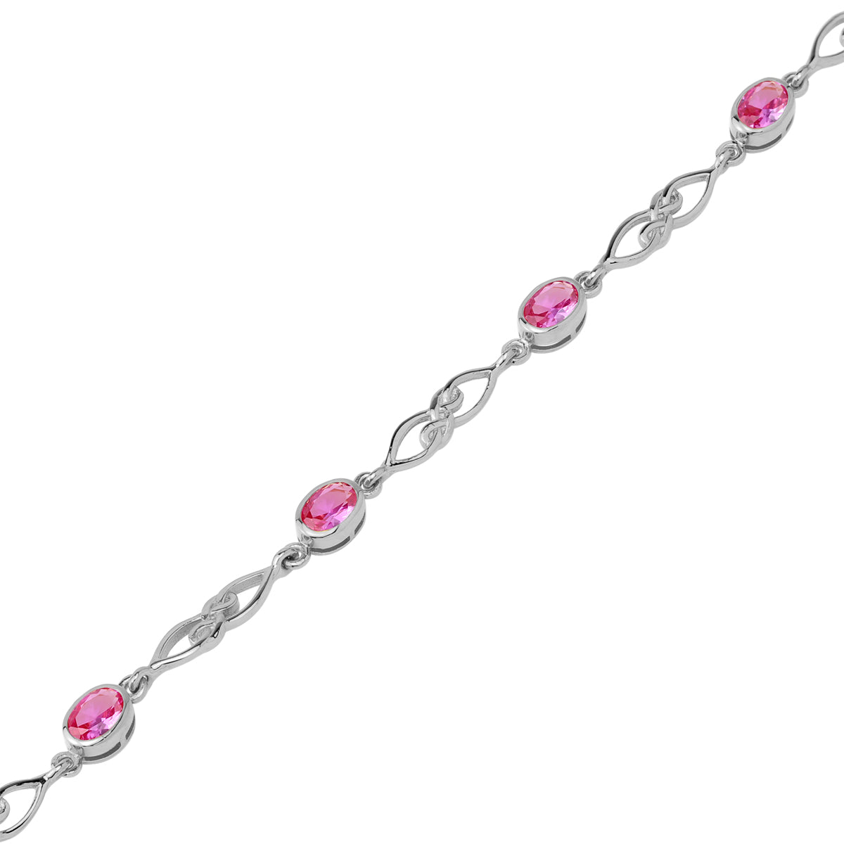 Created Pink Tourmaline White Gold Plated 925 Sterling Silver Scroll / Filigree Celtic Knot Weave 6 to 7.5 Inch Adjustable Bracelet October Gemstone Birthstone - Silvershake-store