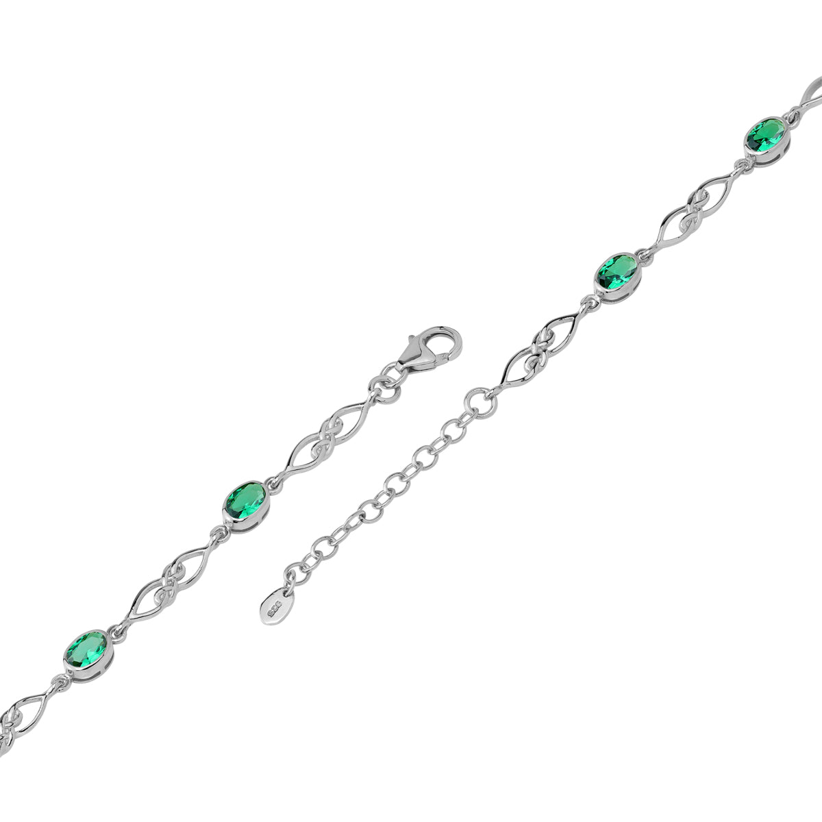 Created Nano Green Emerald White Gold Plated 925 Sterling Silver Scroll / Filigree Celtic Knot Weave 6 to 7.5 Inch Adjustable Bracelet May Gemstone Birthstone - Silvershake-store