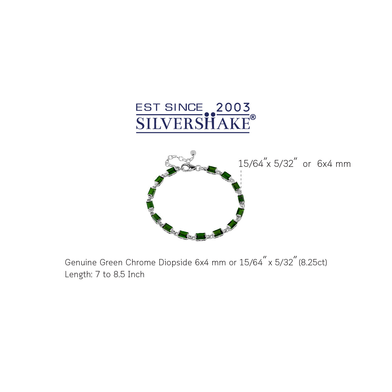 8.25 CTW 6X4mm Natural Octagon Shape Green Chrome Diopside White Gold Plated 925 Sterling Silver Half-Bazel-Set Tennis 7 to 8.5 Inch Adjustable Gemstone Bracelet - Silvershake-store