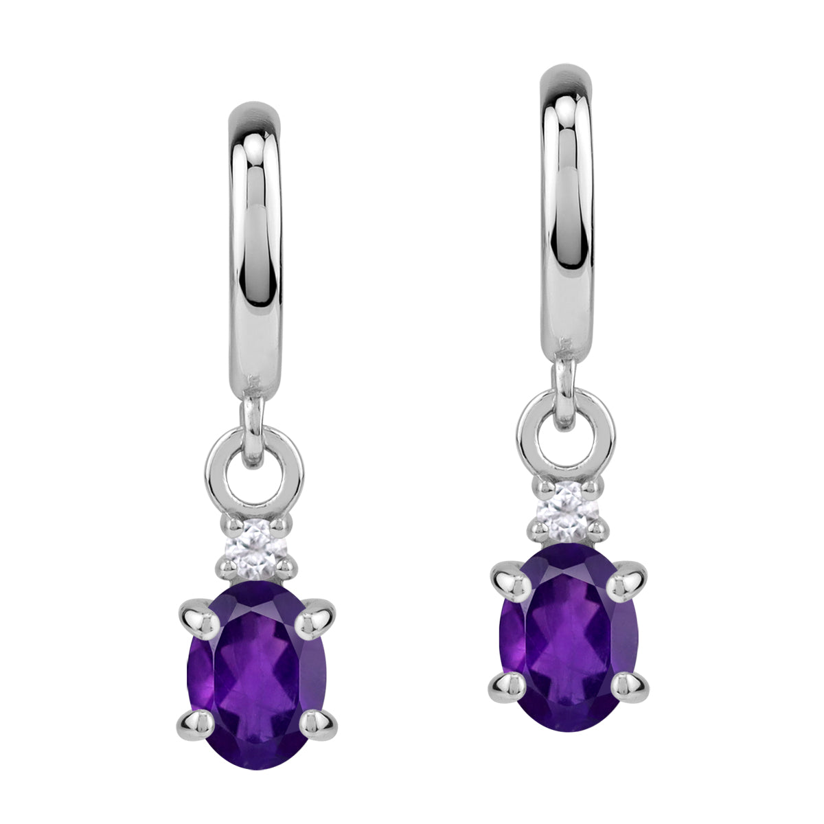 Petite 1.48 CTW 7X5mm Genuine Oval Shape African Purple Amethyst and Topaz White Gold Plated 925 Sterling Silver Dangle in C Hoop Stud Post Earrings February Birthstone Gemstone - Silvershake-store