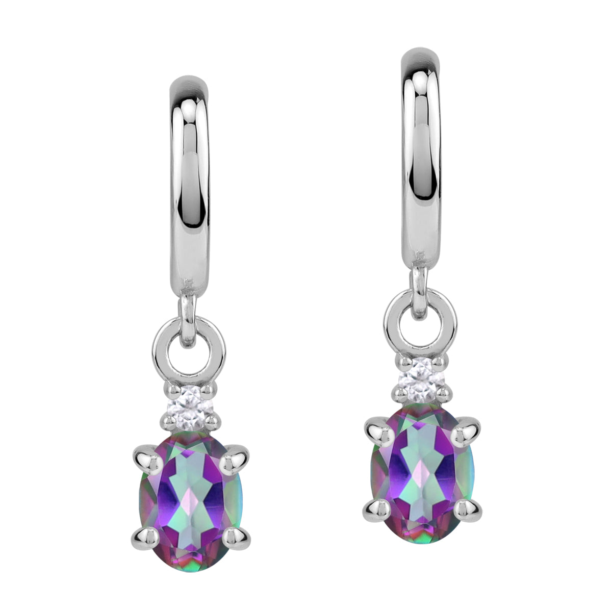 Petite 1.64 CTW 7X5mm Genuine Oval Shape Mystic Fire Rainbow Topaz White Gold Plated 925 Sterling Silver Dangle in C Hoop Stud Post Gemstone Earrings Jewelry for Women - Silvershake-store