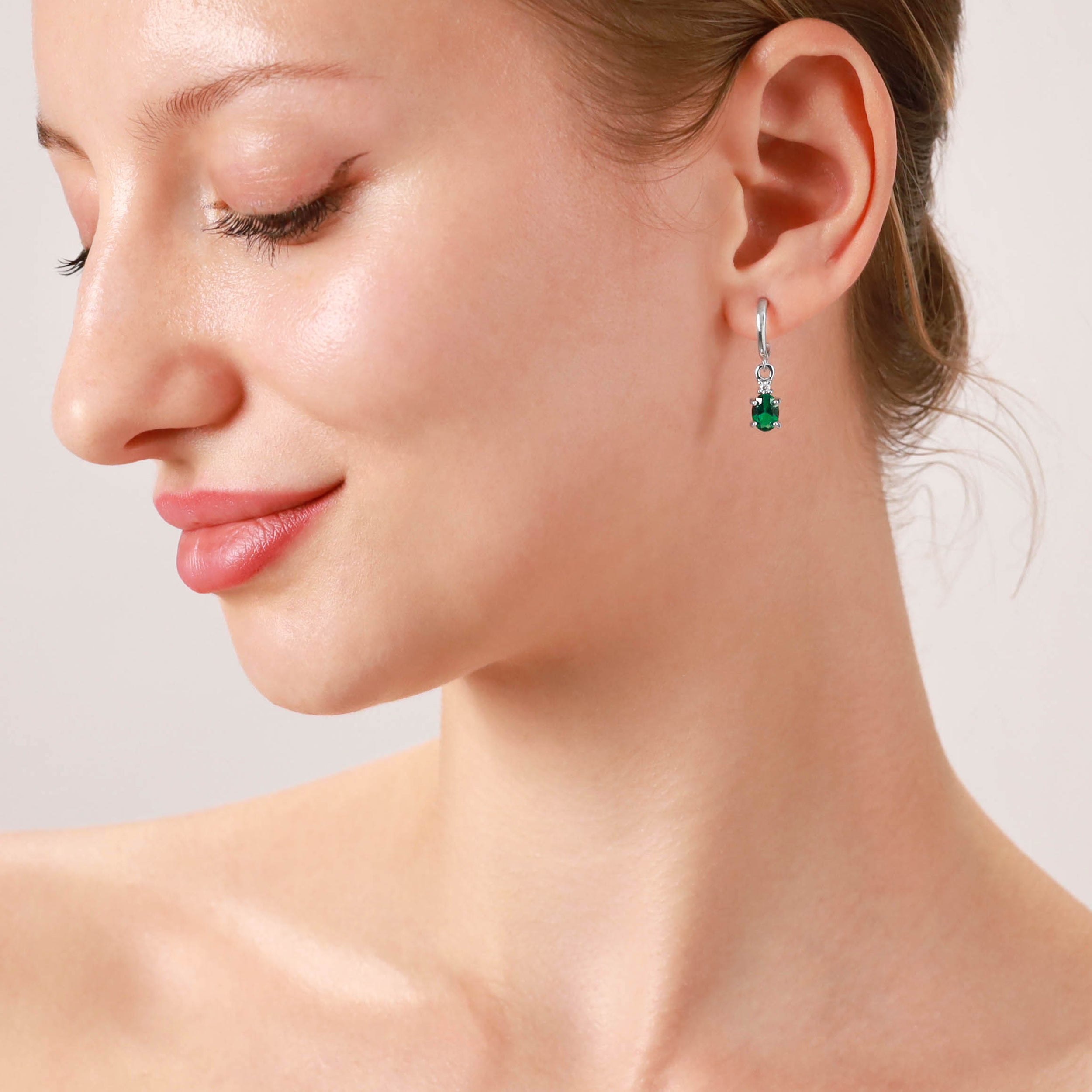 Petite 1.5 CTW 7X5mm Natural Oval Shape Emerald Green Agate and Topaz White Gold Plated 925 Sterling Silver Dangle in C Hoop Stud Post Earrings May Birthstone Gemstone Jewelry for Women - Silvershake-store