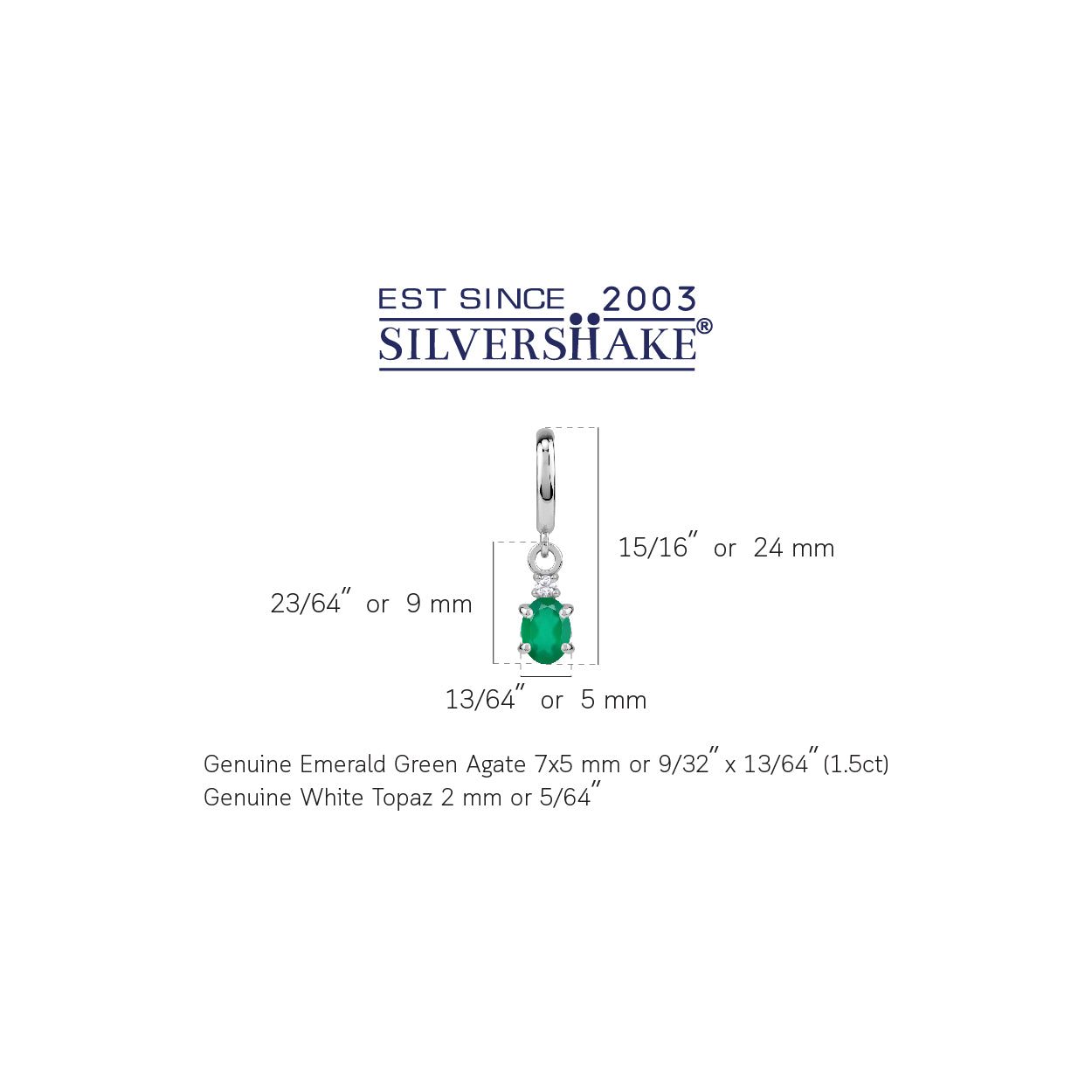 Petite 1.5 CTW 7X5mm Natural Oval Shape Emerald Green Agate and Topaz White Gold Plated 925 Sterling Silver Dangle in C Hoop Stud Post Earrings May Birthstone Gemstone Jewelry for Women - Silvershake-store