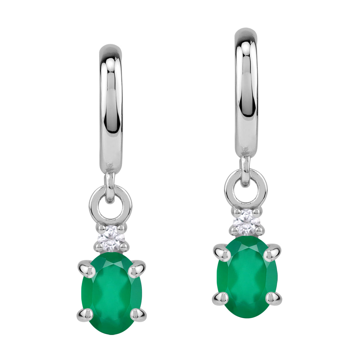 Petite 1.5 CTW 7X5mm Natural Oval Shape Emerald Green Agate and Topaz White Gold Plated 925 Sterling Silver Dangle in C Hoop Stud Post Earrings May Birthstone Gemstone Jewelry for Women - Silvershake-store