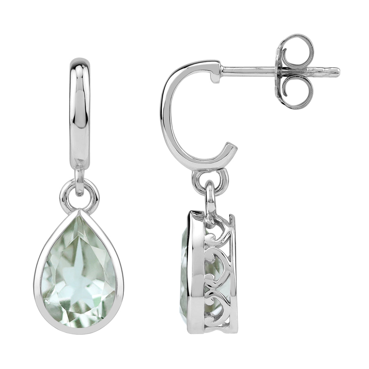 3.1 CTW 10X7mm Genuine Pear Shape Green Amethyst White Gold Plated 925 Sterling Silver Heart Victorian Style Drop Dangle in C Hoop Stud Post Gemstone Earrings Jewelry for Women - Silvershake-store