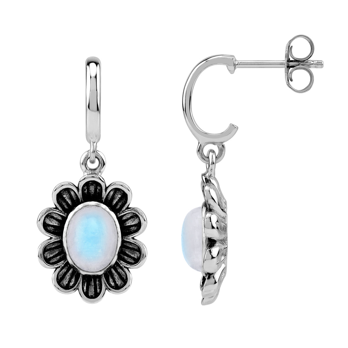 Silvershake 8X6mm Natural Oval Shape Rainbow Moonstone 925 Sterling Silver Dangle Flower in C Hoop Stud Post Earrings June Gemstone Birthstone Jewelry for Women - Silvershake-store