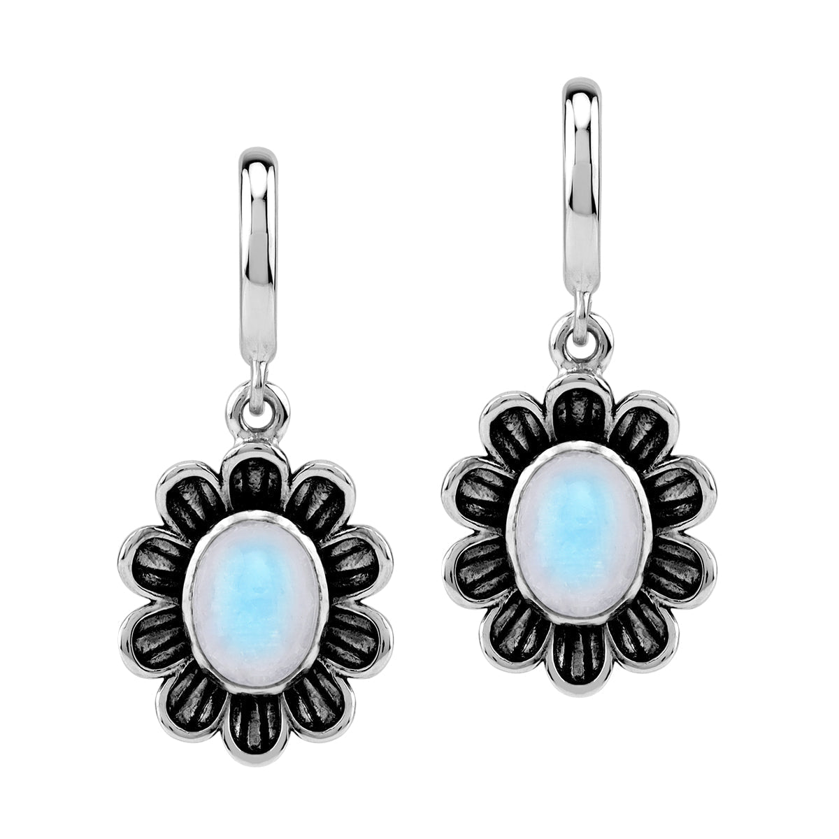 Silvershake 8X6mm Natural Oval Shape Rainbow Moonstone 925 Sterling Silver Dangle Flower in C Hoop Stud Post Earrings June Gemstone Birthstone Jewelry for Women - Silvershake-store